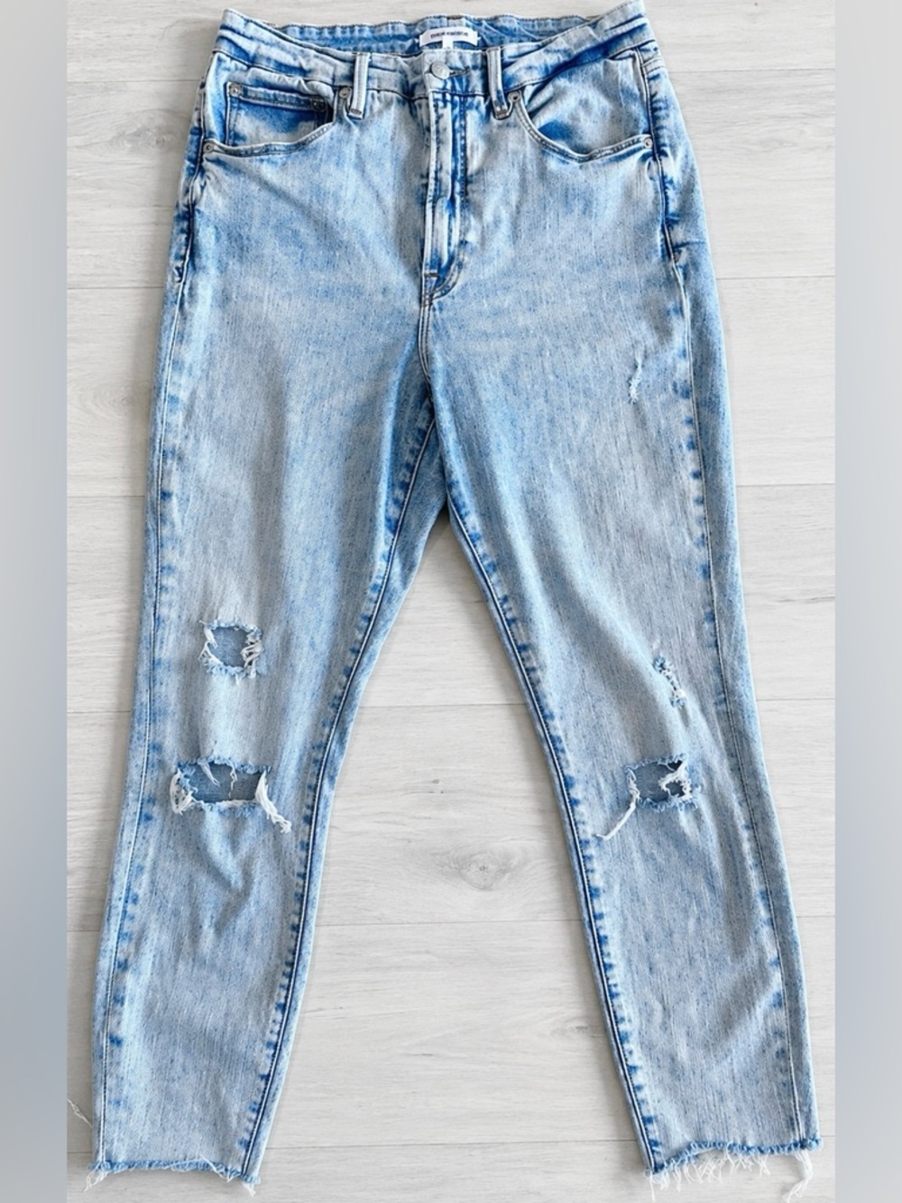 Good American Good Waist Crop Jeans High Rise Raw Hem Flattering Fit Sz 14 / 32